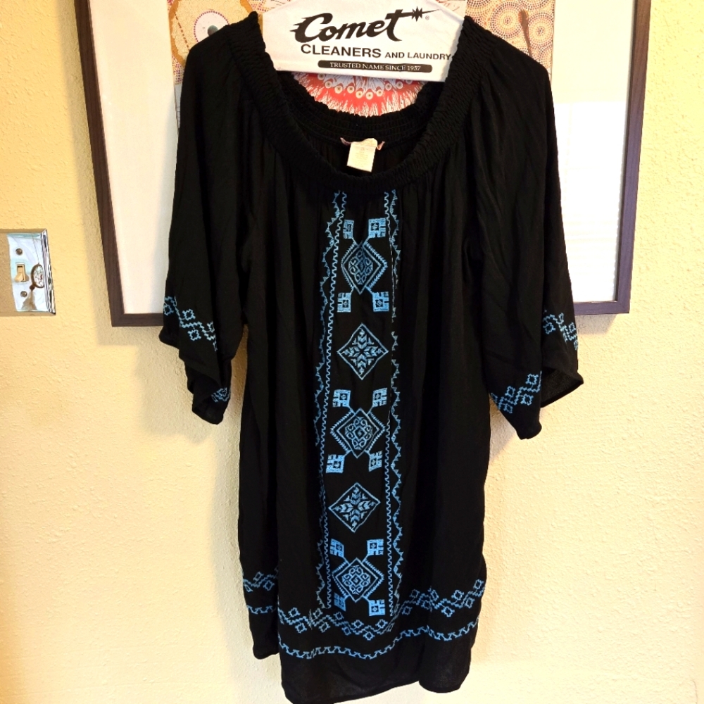 Flying Tomato Off Shoulder Dress Black with Turquoise Embroidery 2X